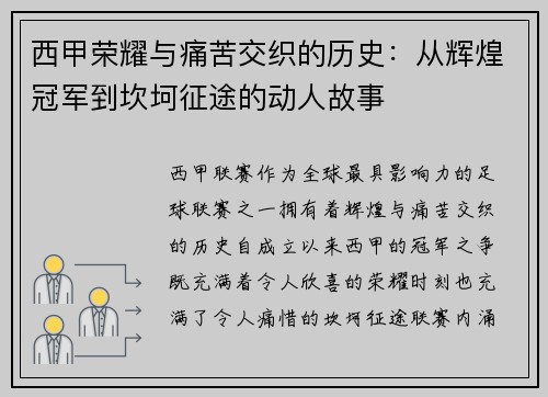 西甲荣耀与痛苦交织的历史：从辉煌冠军到坎坷征途的动人故事